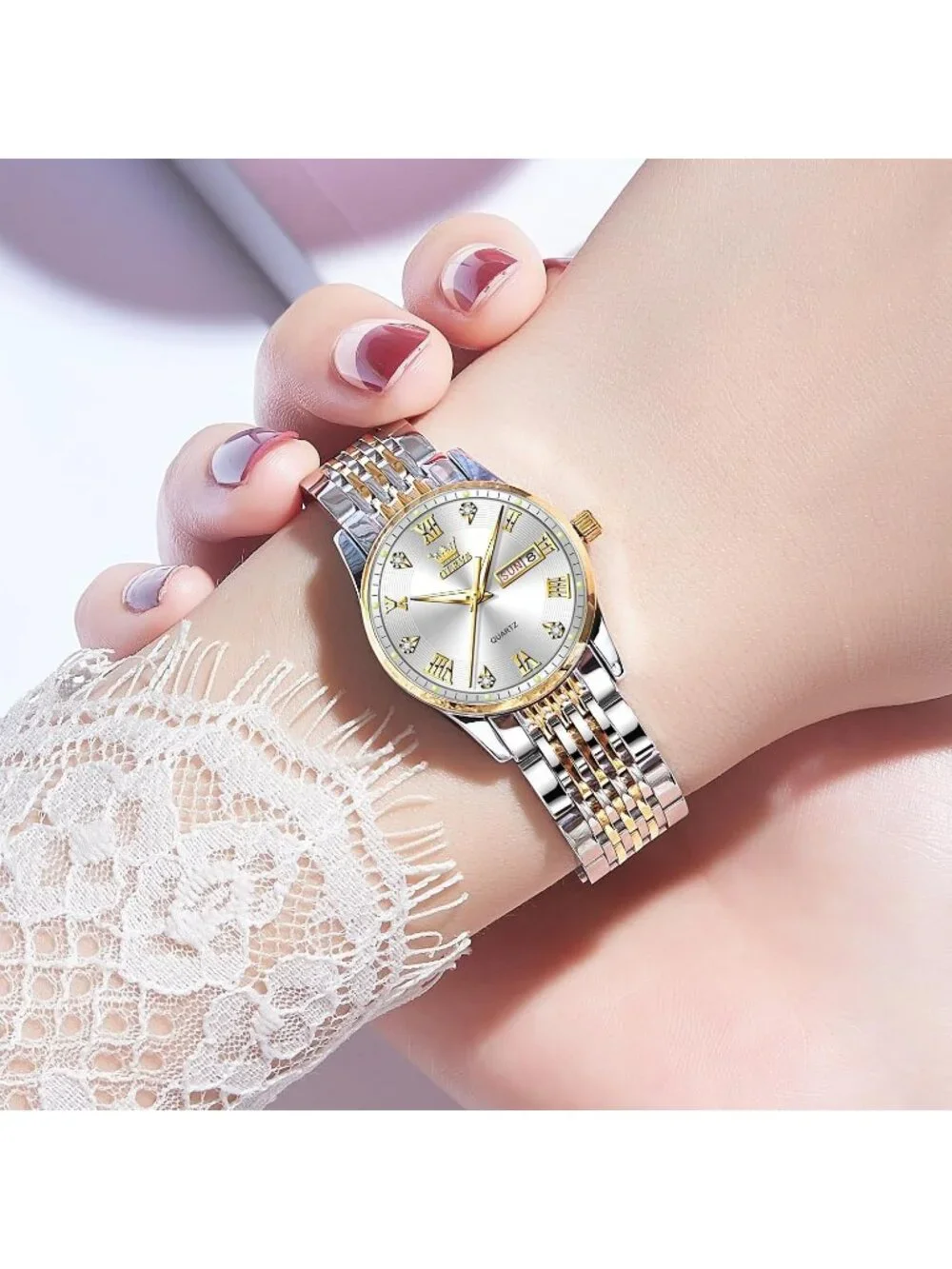 Women's Gold and Silver Analog Quartz Waterproof Stainless Steel Band Watch